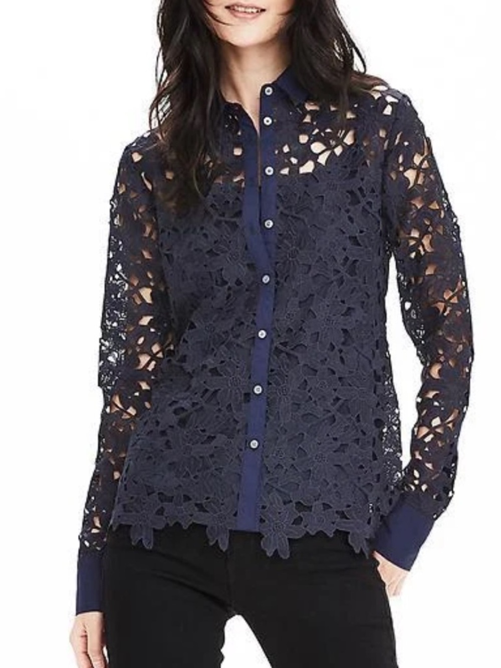 Banana Republic Navy Blue Floral Lace Button-Up Blouse | Classic Fit | NWT